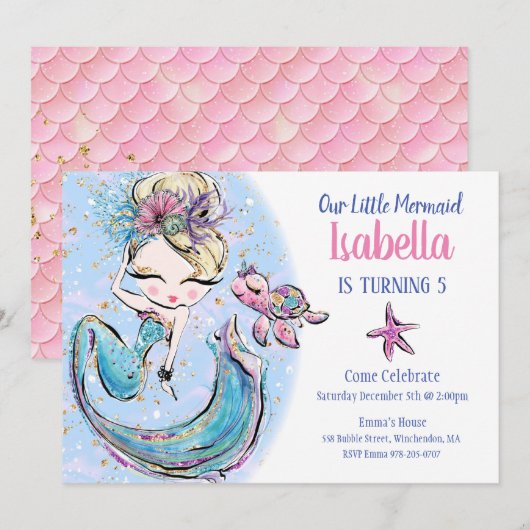 Blonde Mermaid Birthday Party - Uitnodiging (Voorkant / Achterkant)
