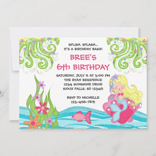Blonde Mermaid Birthday-uitnodigingen Kaart (Voorkant)