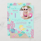 Blonde Mermaid First Birthday Invitation Kaart (Voorkant / Achterkant)