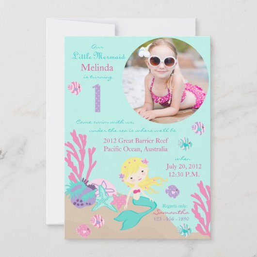 Blonde Mermaid First Birthday Invitation Kaart (Voorkant)
