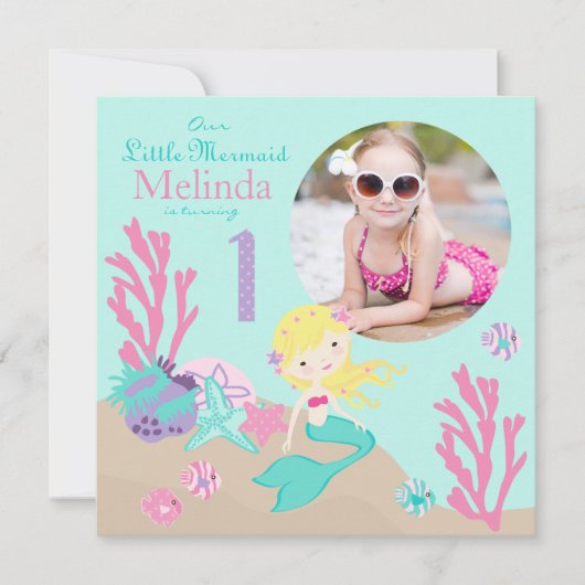Blonde Mermaid First Birthday Invitation Kaart (Voorkant)