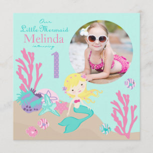Blonde Mermaid First Birthday Invitation Kaart