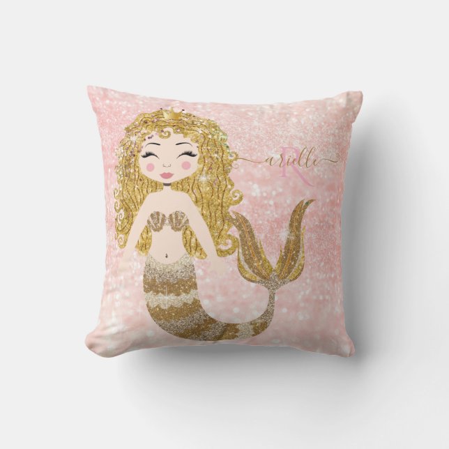 Blonde Mermaid Gold Glitter Baby Girl Shownaam Kussen (Voorkant)
