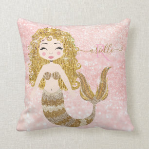 Blonde Mermaid Gold Glitter Baby Girl Shownaam Kussen