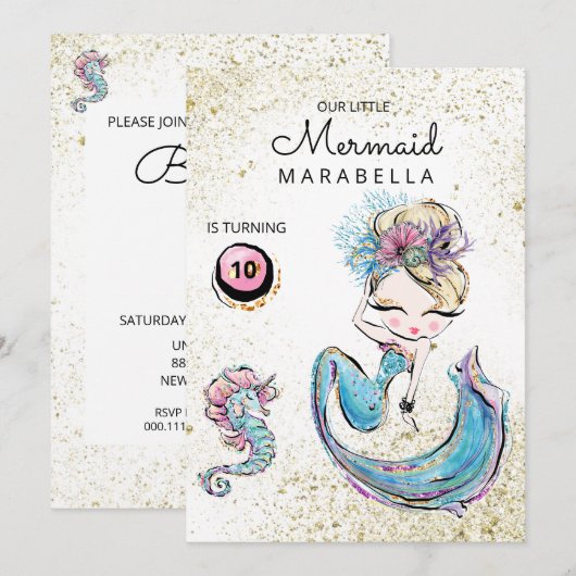 *~* Blonde Mermaid Gold Glitter Hair Birthday Kaart (Voorkant / Achterkant)