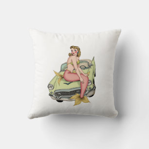 Blonde Mermaid on Vintage Green Car Watercolor Ill Kussen