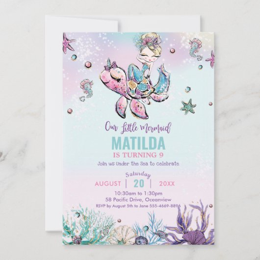 Blonde Mermaid onder Zee Birthday Party Kaart (Voorkant)