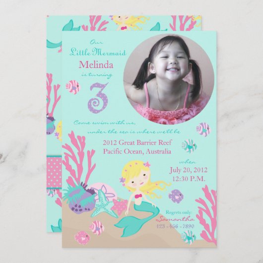 Blonde Mermaid Third Birthday Kaart (Voorkant / Achterkant)