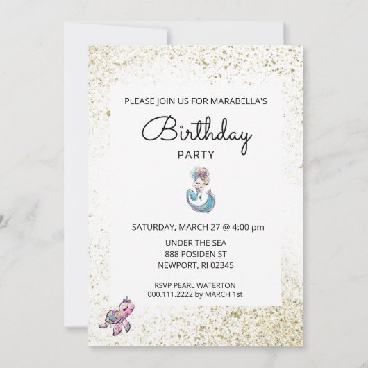 *~* Blonde Mermaid Zee Turtle Glitter Birthday Kaart (Achterkant)