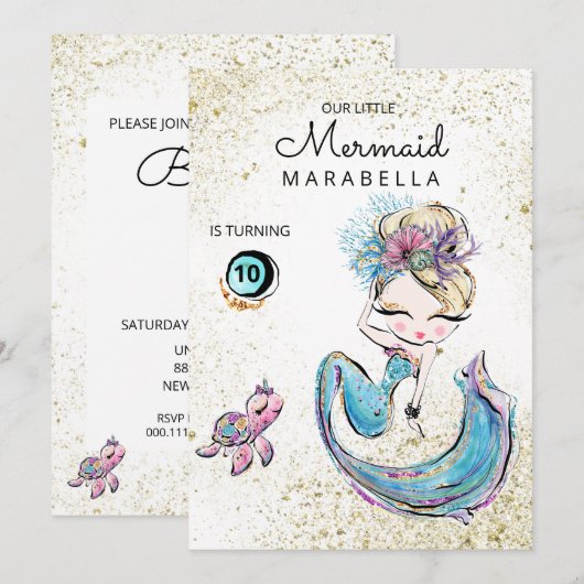 *~* Blonde Mermaid Zee Turtle Glitter Birthday Kaart (Voorkant / Achterkant)