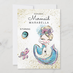 *~* Blonde Mermaid Zee Turtle Glitter Birthday Kaart