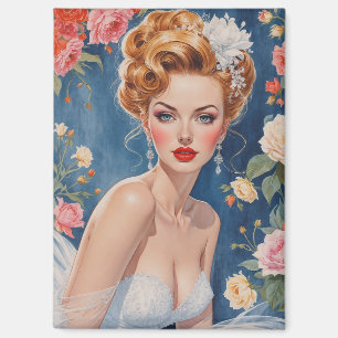Blonde Pin-Up Bruid Portret Bloemen Achtergrond Magneet