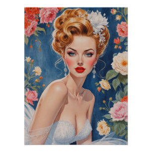 Blonde Pin-Up Bruid Portret Bloemen Achtergrond Perfect Poster