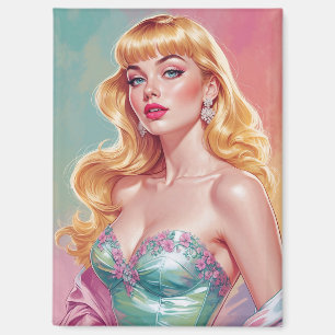 Blonde Pin-Up met Bangs Blue en Pink Pastel Magneet
