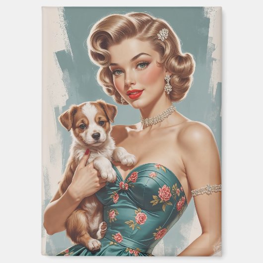Blonde Pin-Up met schattige puppy Magneet (Voorkant)