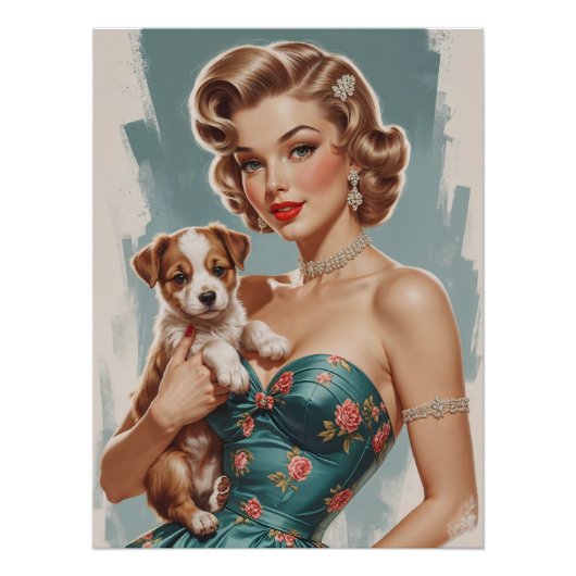 Blonde Pin-Up met schattige puppy Perfect Poster (Voorkant)