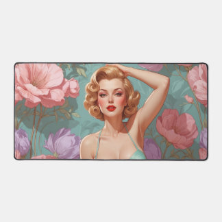 Blonde pin-up pastelbloemen bureaumat