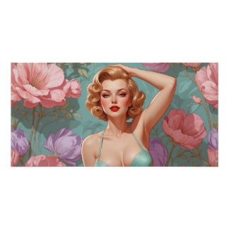 Blonde pin-up pastelbloemen perfect poster