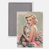 Blonde pin-up rode jurk en Schattigee kat Magneet (Voorkant / Achterkant)