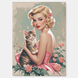 Blonde pin-up rode jurk en Schattigee kat Magneet