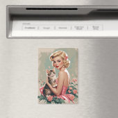 Blonde pin-up rode jurk en Schattigee kat Magneet (Insitu (Vaatwasser))