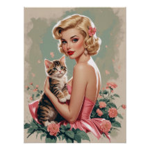 Blonde pin-up rode jurk en Schattigee kat
