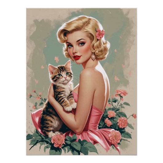 Blonde pin-up rode jurk en Schattigee kat Perfect Poster (Voorkant)