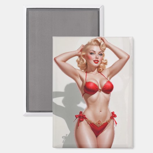 Blonde pin-up rood ondergoed magneet (Voorkant / Achterkant)