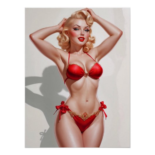 Blonde pin-up rood ondergoed perfect poster (Voorkant)
