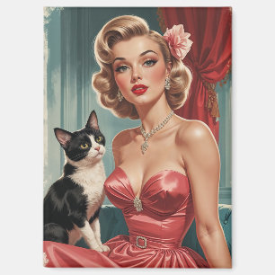 Blonde Pin-Up Roze Jurk met Zwarte en Witte Kat Magneet