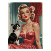 Blonde Pin-Up Roze Jurk met Zwarte en Witte Kat Perfect Poster (Voorkant)