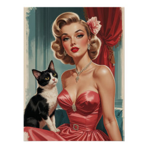Blonde Pin-Up Roze Jurk met Zwarte en Witte Kat Perfect Poster