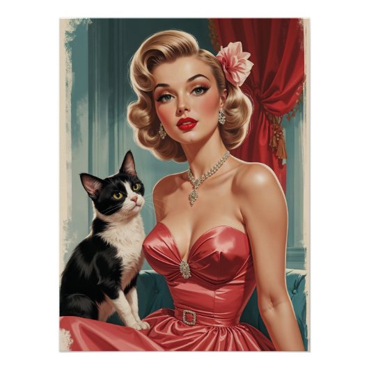 Blonde Pin-Up Roze Jurk met Zwarte en Witte Kat Perfect Poster (Voorkant)