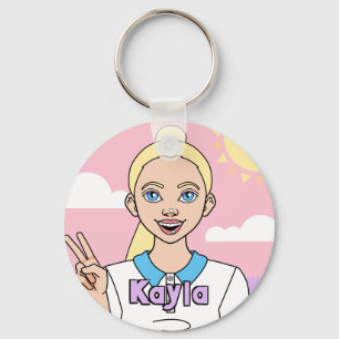 Blonde Pink Cartoon Girl School Student Sleutelhanger
