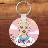 Blonde Pink Cartoon Girl School Student Sleutelhanger (Voorkant)