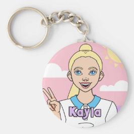 Blonde Pink Cartoon Girl School Student Sleutelhanger