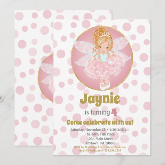 Blonde Pink Fairy Girls Birthday Invitation Kaart (Voorkant / Achterkant)
