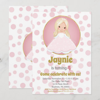Blonde Pink Princess Girls Birthday Invitation Kaart