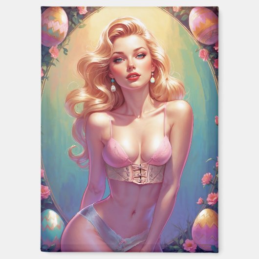 Blonde Pinup Roze Ondergoed Paaseieren Magneet (Voorkant)
