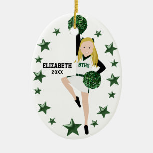 Blonde Pom Squad Groen en Wit Keramisch Ornament
