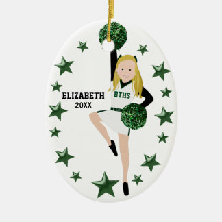 Blonde Pom Squad Groen en Wit Keramisch Ornament