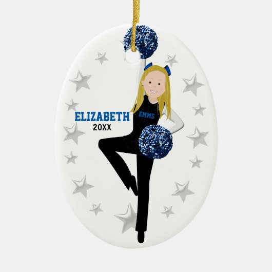 Blonde Pom Squad in zwart, blauw en wit Keramisch Ornament (Voorkant)