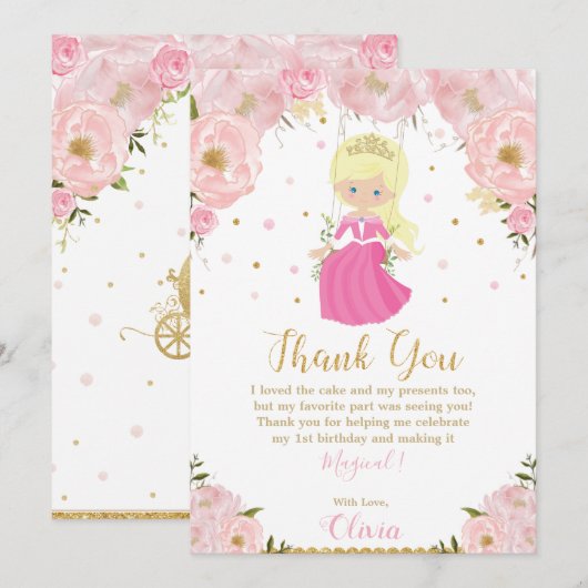 Blonde Princess 1ste verjaardag Pink Floral Bedankkaart (Voorkant / Achterkant)
