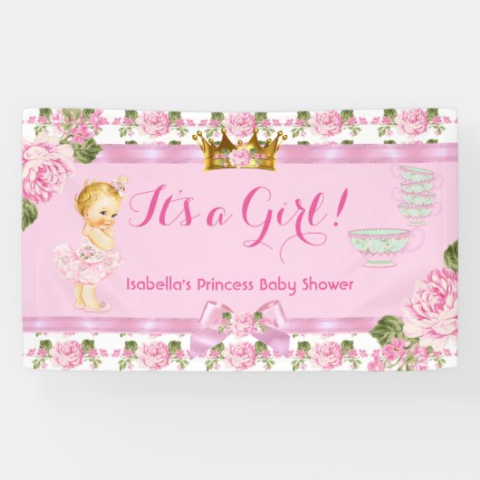 Blonde Princess Baby shower Roze Rozen Tea Party Spandoek (Horizontaal)