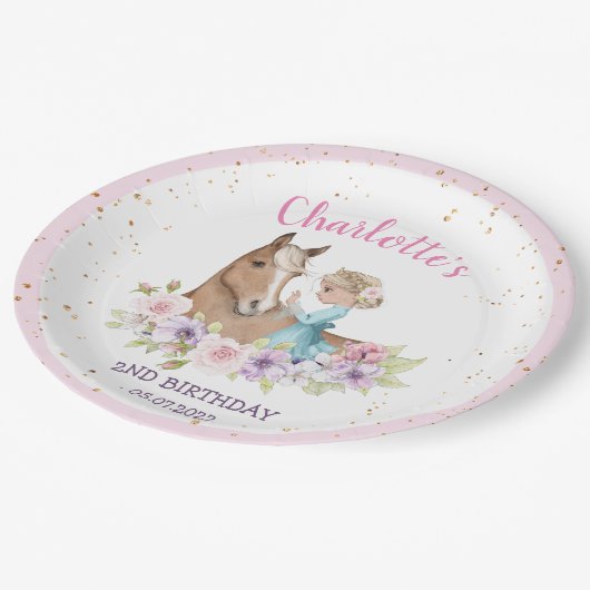 Blonde Princess en Brown Horse Birthday Papieren Bordje (Gekanteld)