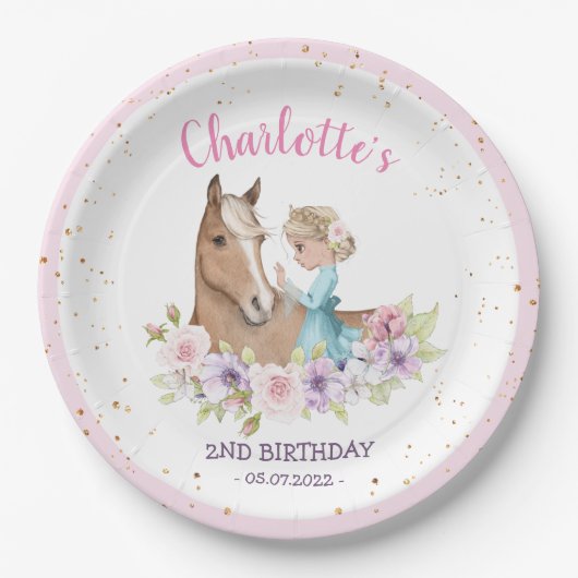 Blonde Princess en Brown Horse Birthday Papieren Bordje (Voorkant)