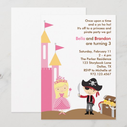 Blonde Princess en Pirate Invitation Kaart (Voorkant / Achterkant)
