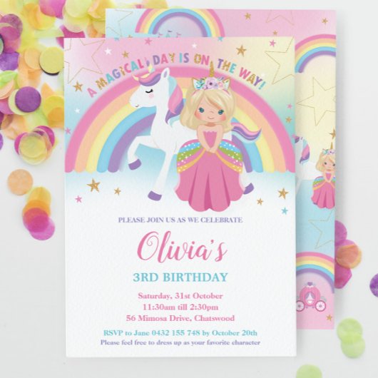Blonde Prinses Eenhoorn Verjaardag Roze Regenboog Kaart