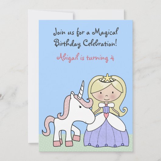 Blonde prinses en eenhoorn verjaardag uitnodiging (Voorkant)