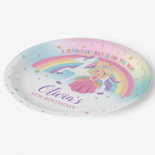 Blonde prinses en eenhoorn verjaardagsfeestje rege papieren bordje (Gekanteld)